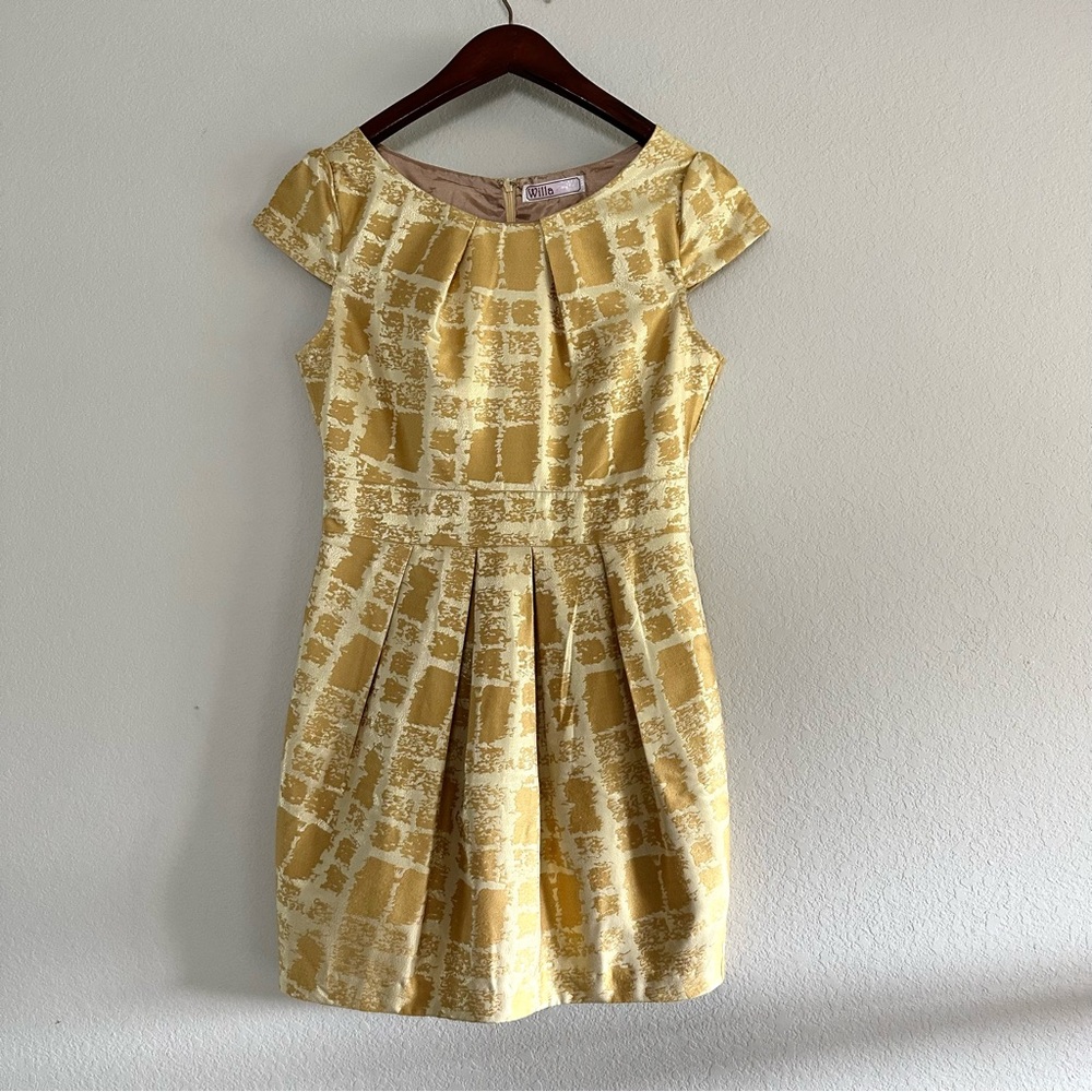 Willa Gold Yellow Jacquard Cocktail Mini Dress Medium